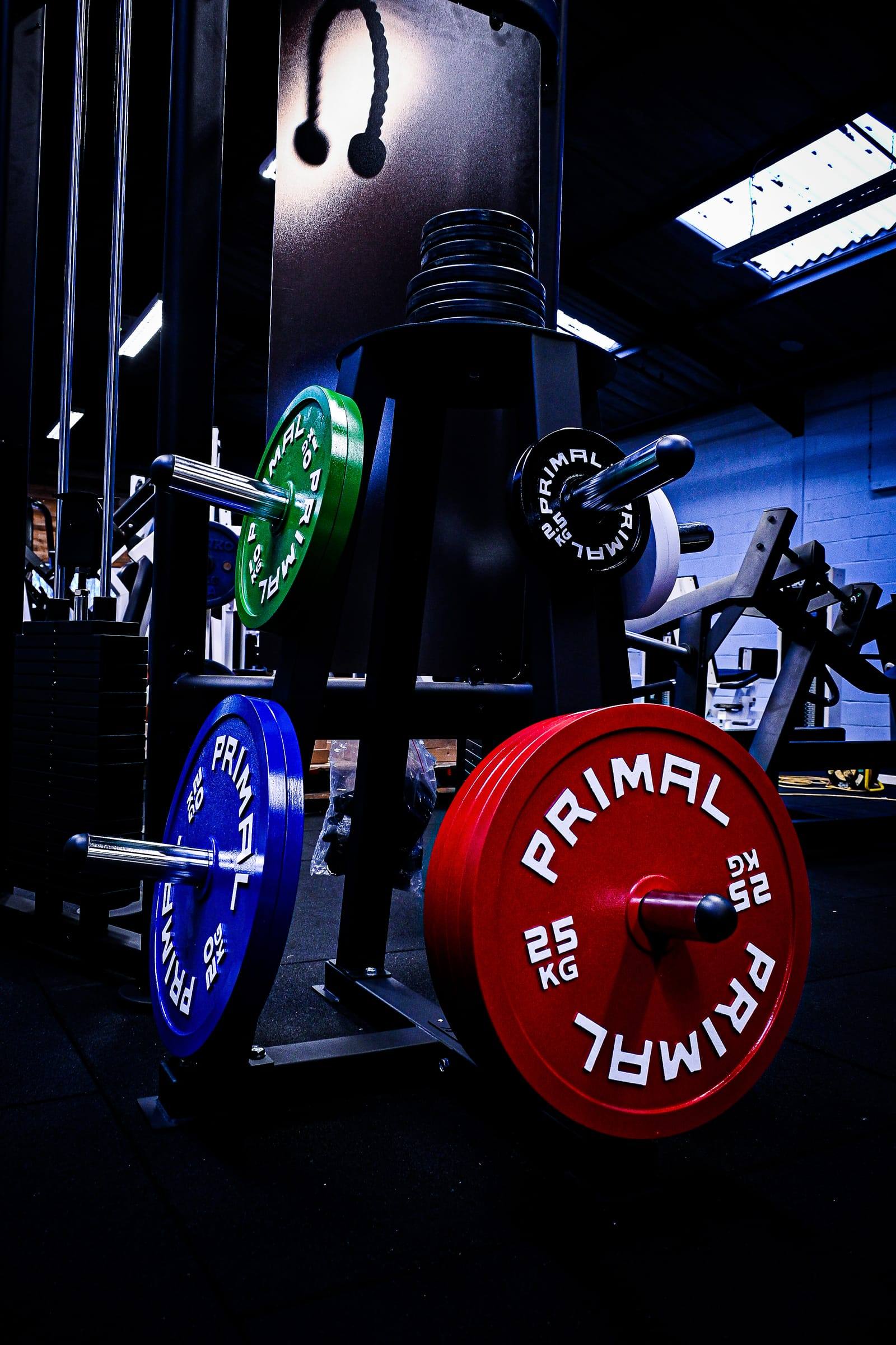 Red, blue and green bumper plates stored on a plate tree at Yeovil