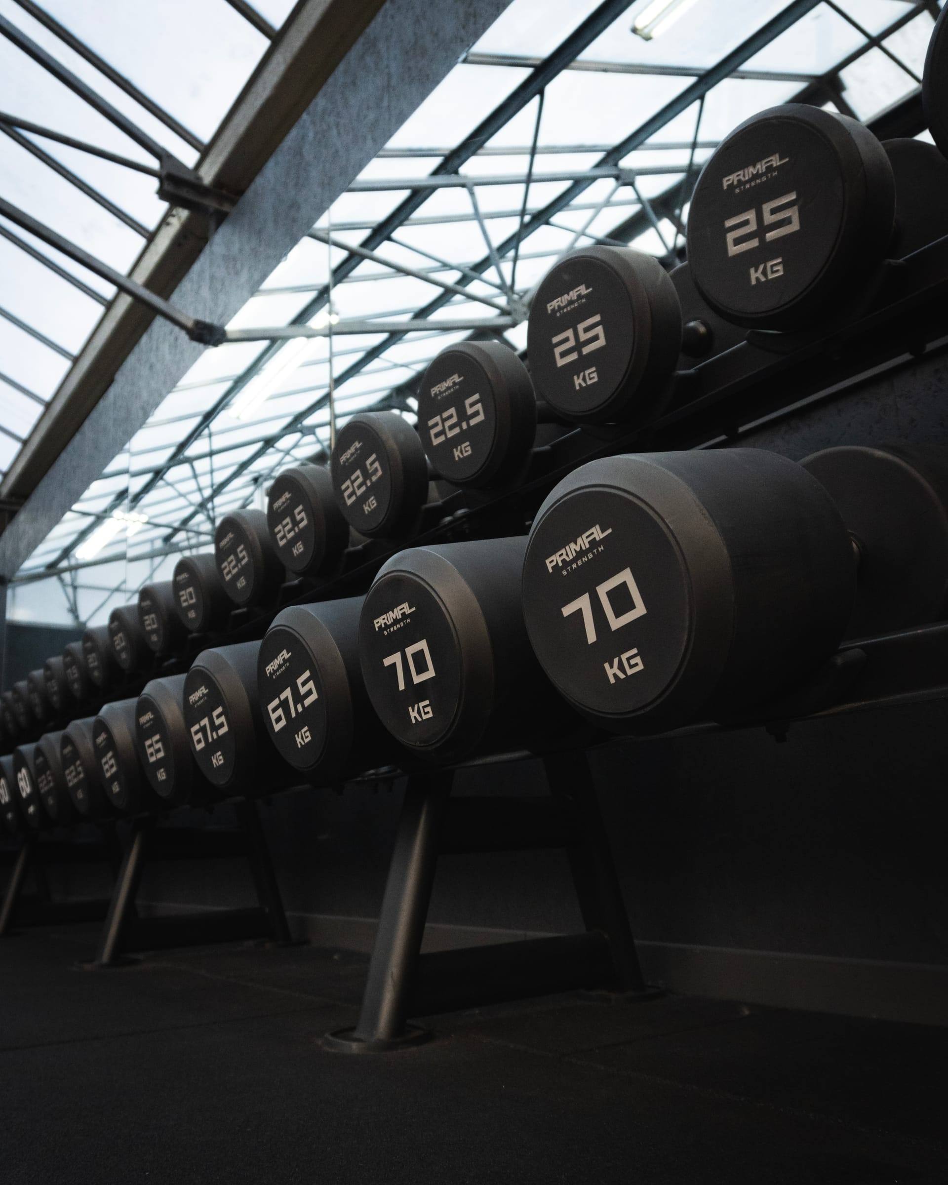Heavy round dumbbells, 25 kg to 70 kg, racked under the Bristol skylights