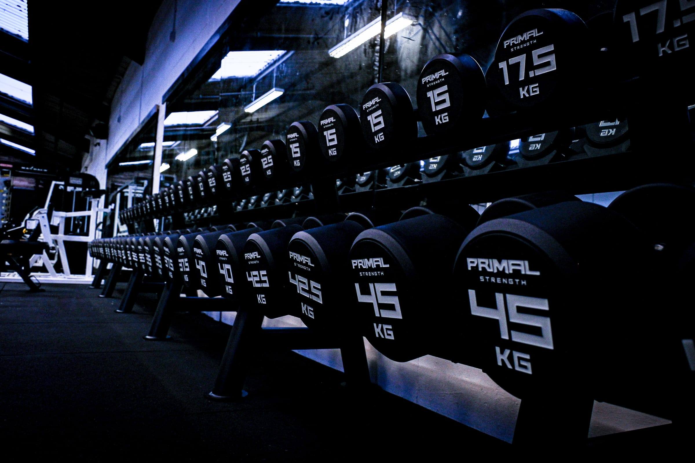 Dumbbell rack at Base Gym Yeovil running up to 45 kg and beyond
