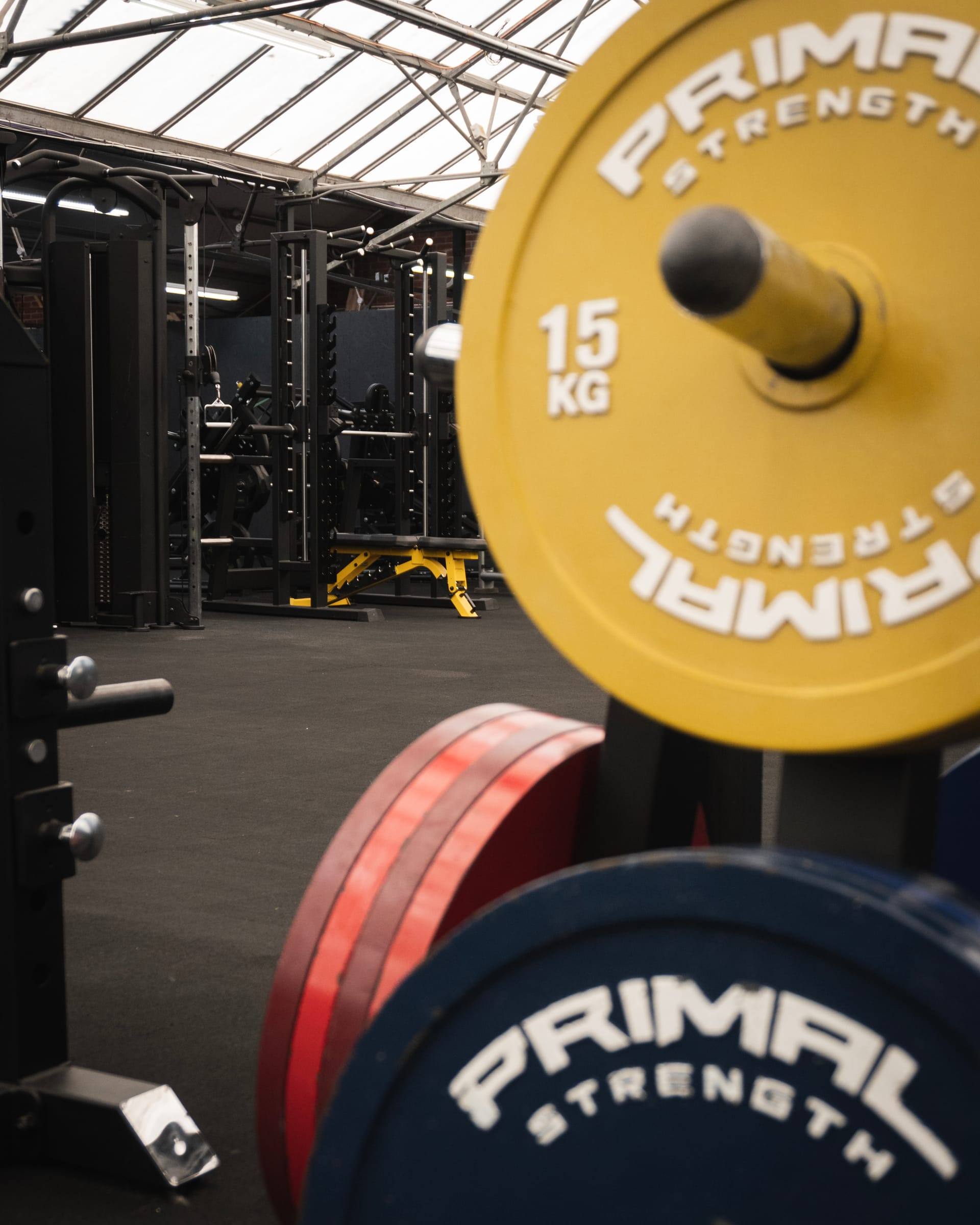 Close-up of calibrated-style bumper plates stacked on a rack, a yellow 15 kg plate in front